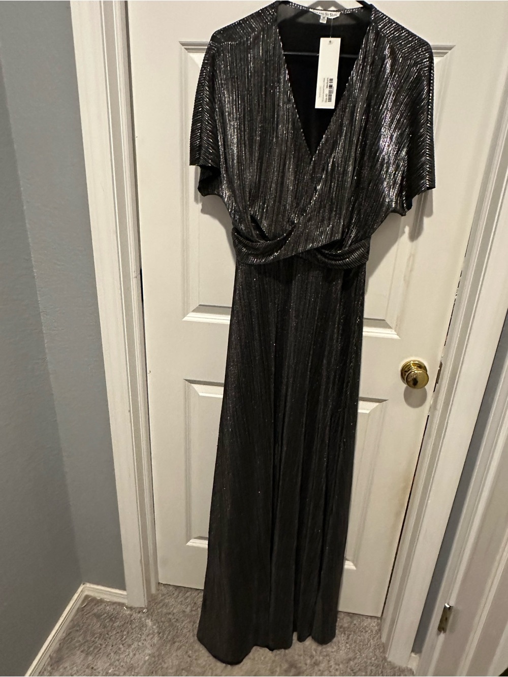 Shimmery Black Maxi Wrap Dress with Draped Waist